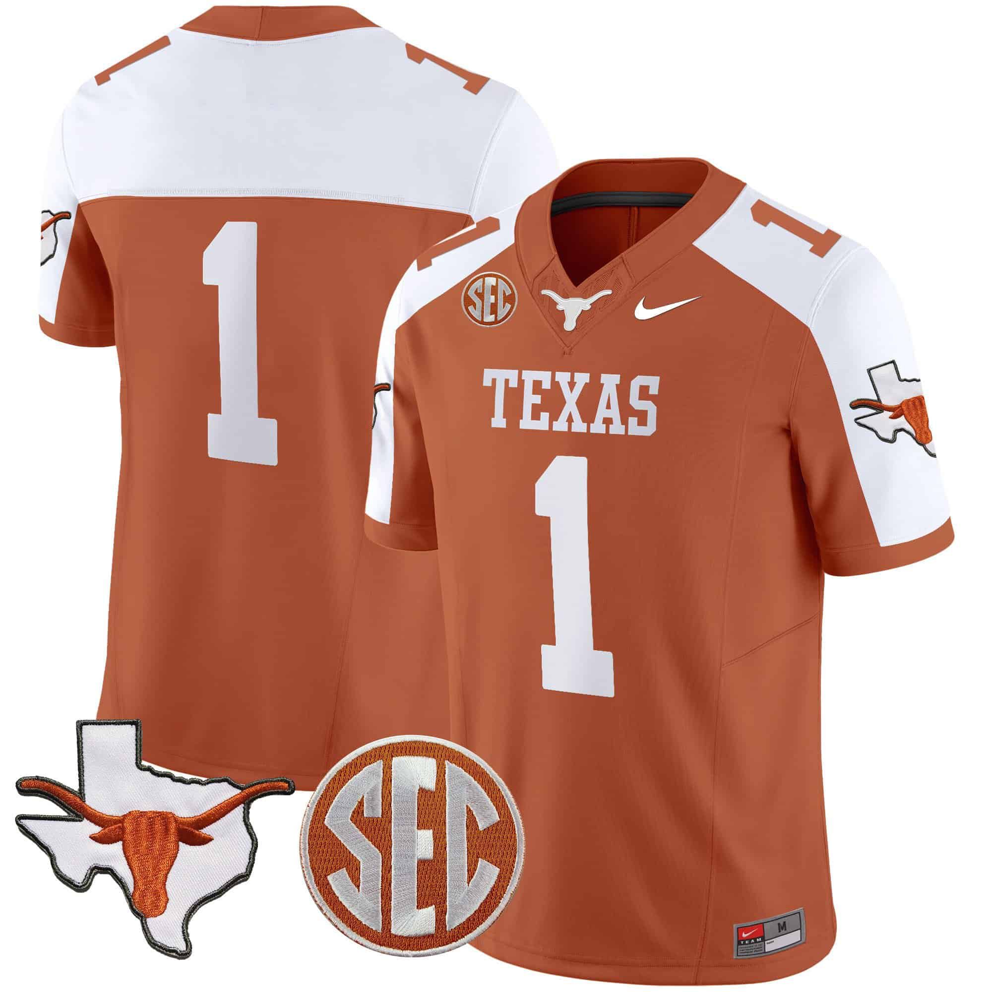 Men Texas Longhorns #1 No Name Orange 2024 Nike State Map & SEC Patch Vapor NCAA Jersey